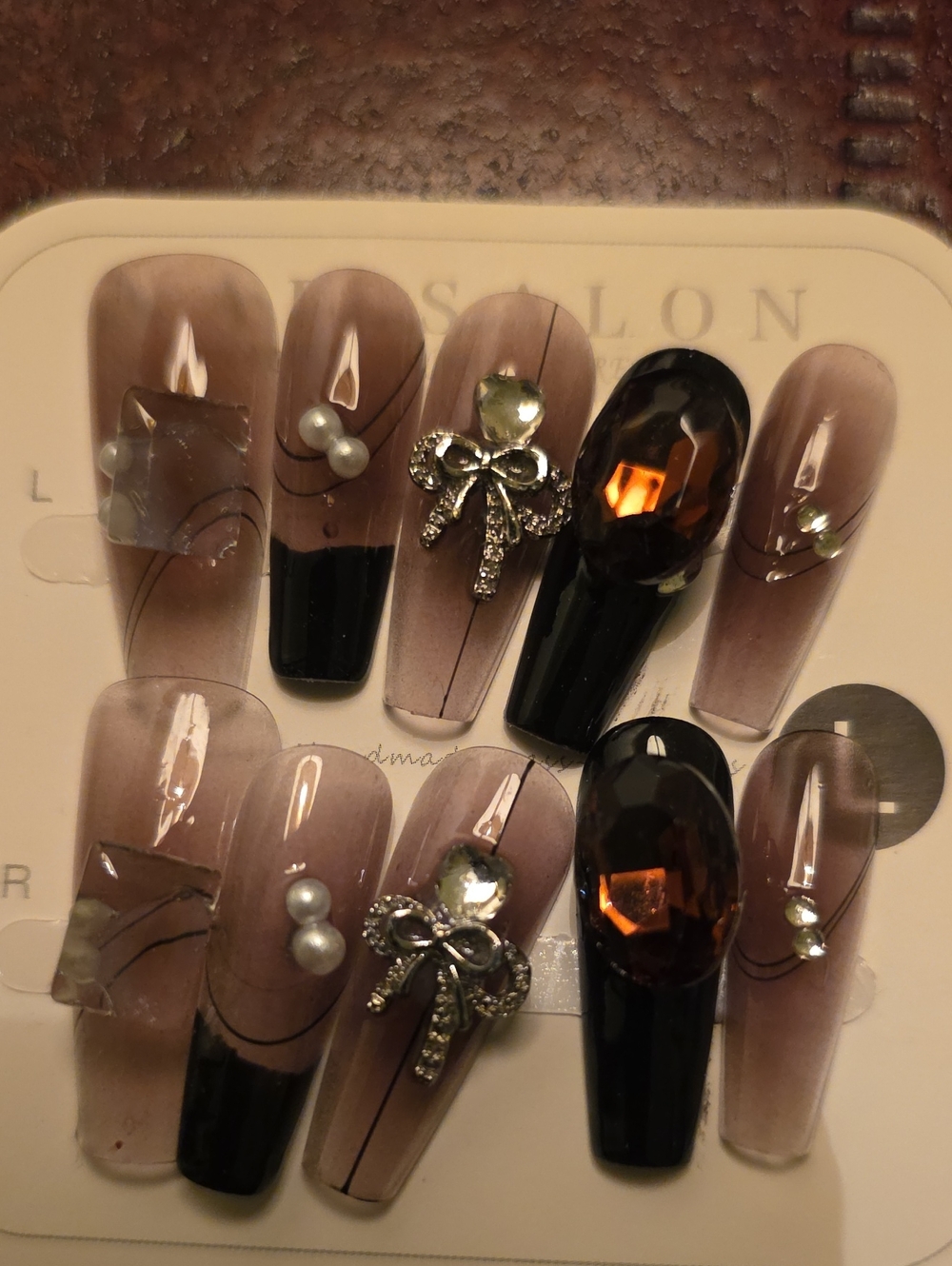 Crystal Bow & Gem Accent Press-On Nails in Taupe and Black Size Large